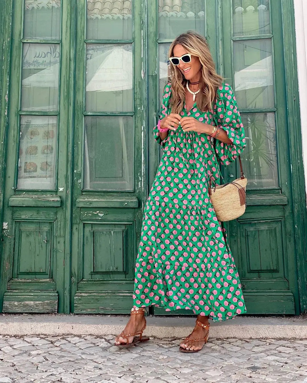 Oaklyn Green Polka Dot Maxi Dress – V-Neck Tie Collar Kaftan Style Spring Summer oaklynwear