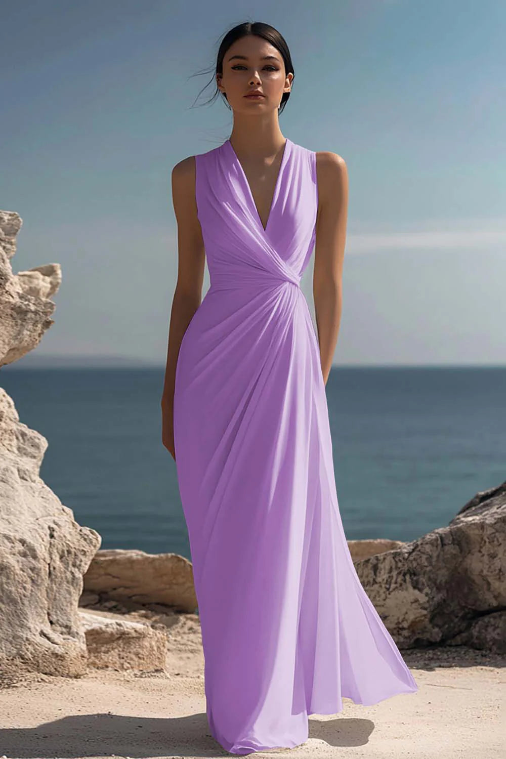 Blanche | Ruched Chiffon V-Neck Maxi Dress oaklynwear