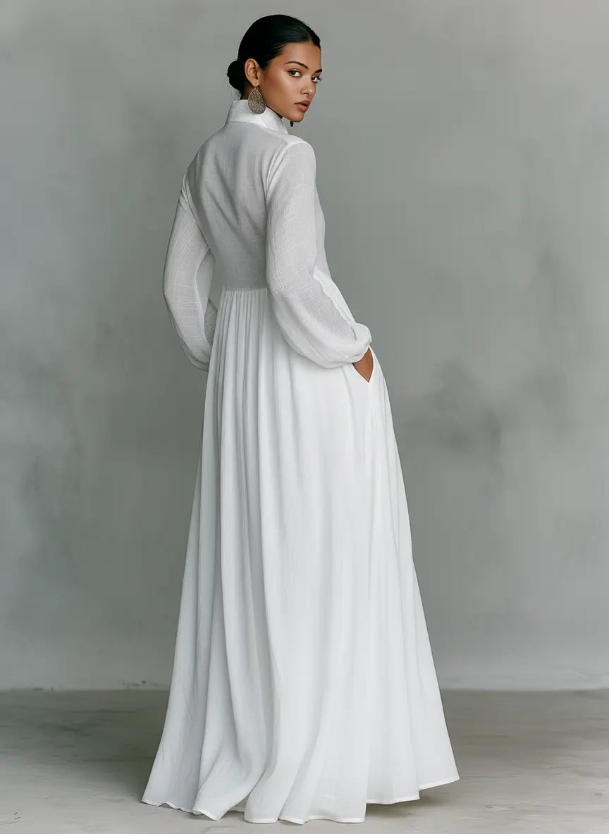 Miriam | Minimalist Cotton And Linen Patchwork Long-Sleeved Maxi Dress oaklynwear
