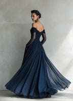 Adriana | Women's Elegant Dark Blue Chiffon Organza Off-Shoulder Long-Sleeved Fitted Maxi Dress oaklynwear