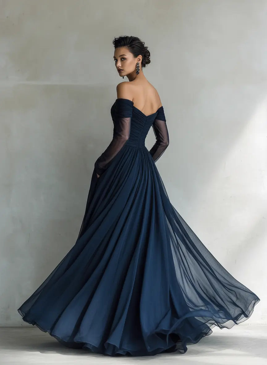 Adriana | Women's Elegant Dark Blue Chiffon Organza Off-Shoulder Long-Sleeved Fitted Maxi Dress oaklynwear