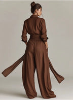 Roberta | Women's Elegant Brown Woven Cotton-Linen Long-Sleeved Shirt Collar Jumpsuit With Belt oaklynwear