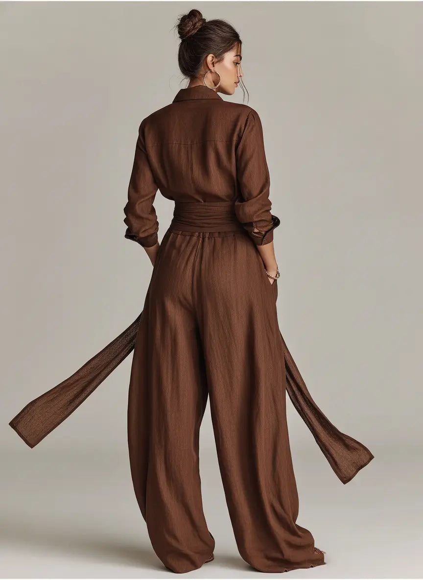 Roberta | Women's Elegant Brown Woven Cotton-Linen Long-Sleeved Shirt Collar Jumpsuit With Belt oaklynwear