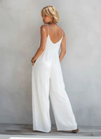 June| Women's Casual White Cotton-Linen Blend Sleeveless Loose Jumpsuit oaklynwear