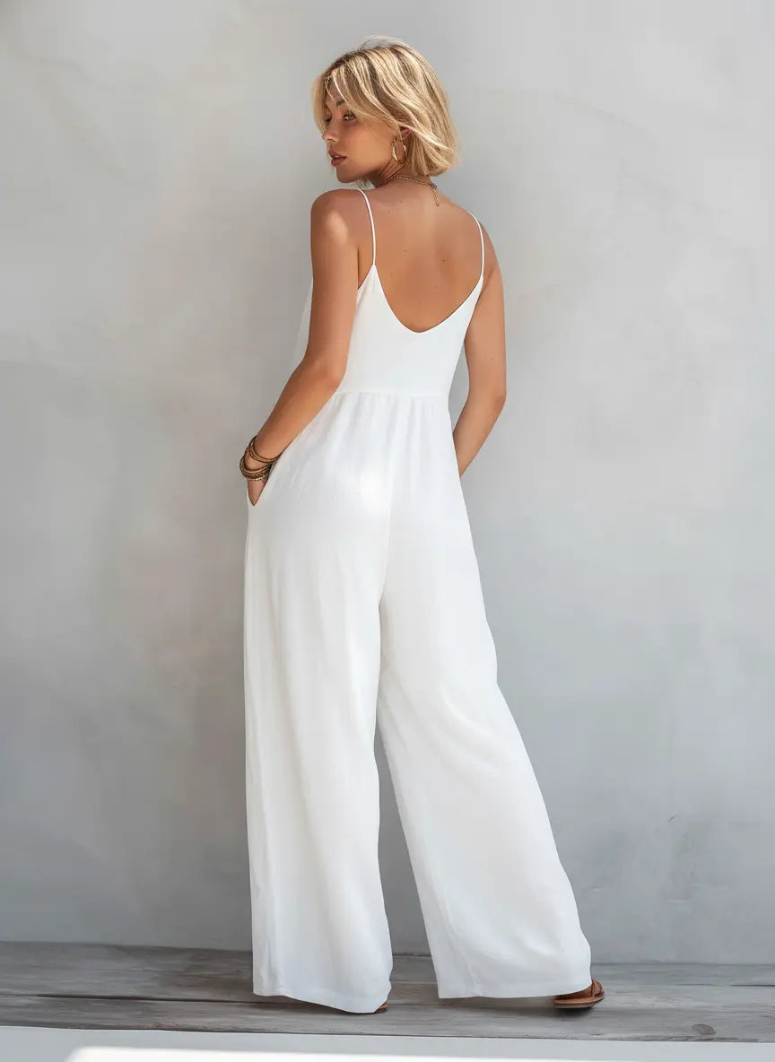 June| Women's Casual White Cotton-Linen Blend Sleeveless Loose Jumpsuit oaklynwear
