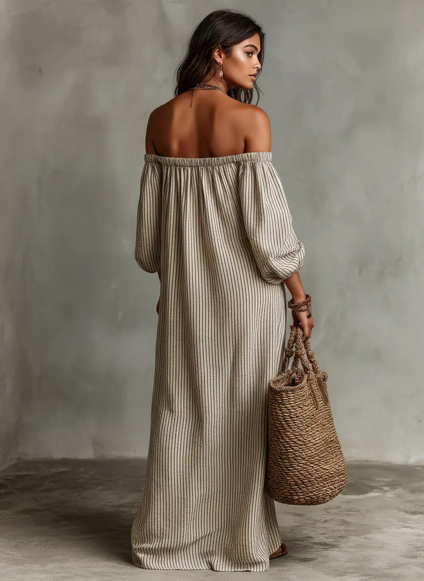 Catalina | Women's Vacation Cotton-Linen Blend Off-Shoulder Long-Sleeved Maxi Dress oaklynwear
