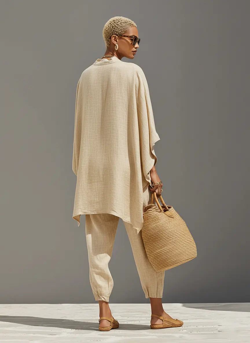 Nadia | Women's Neutral Linen Set With Asymmetric Hem & Minimalist Design oaklynwear
