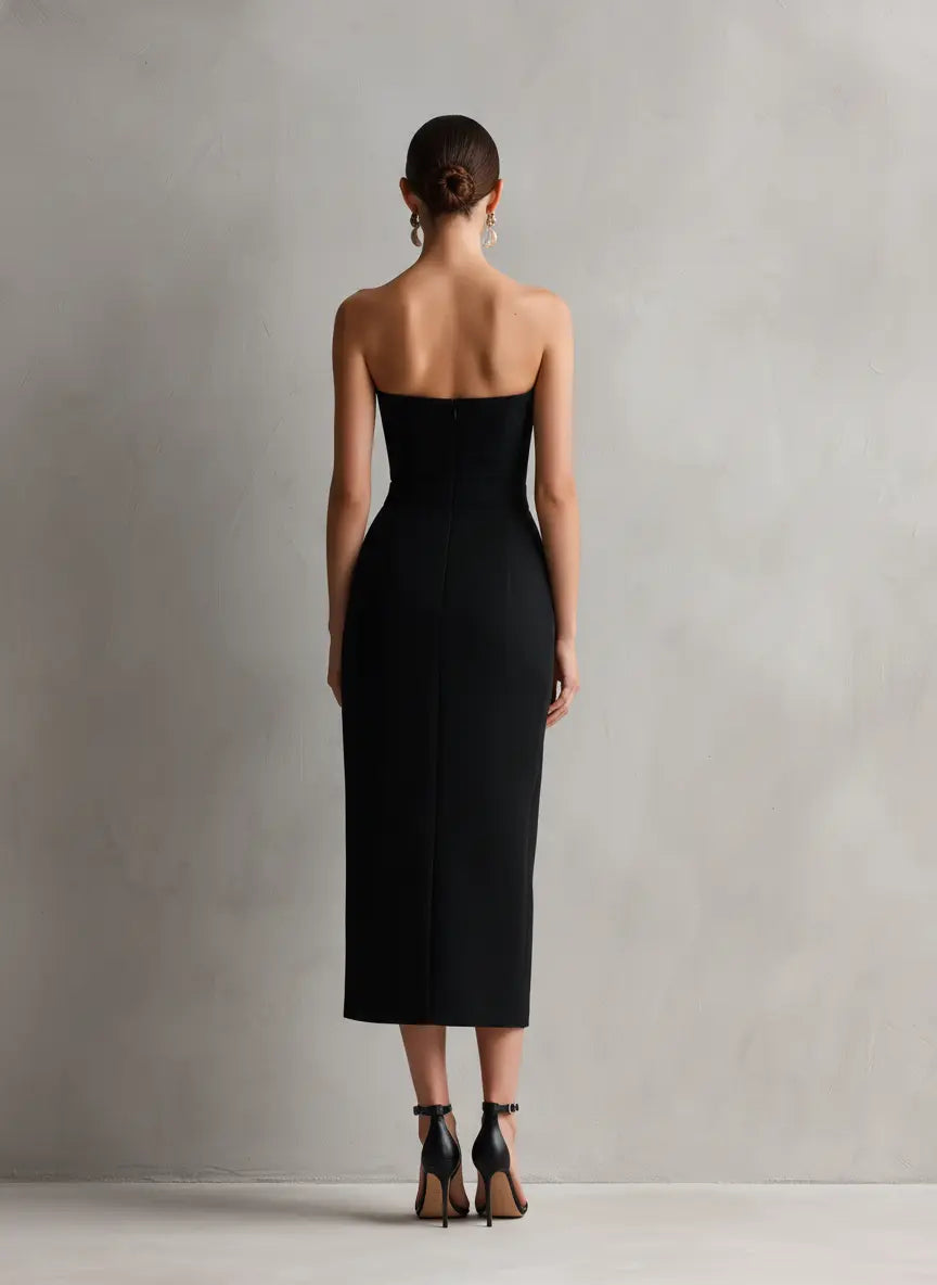 Victoria | Women's Elegant Black Stretch Strapless Bodycon Midi Dress oaklynwear