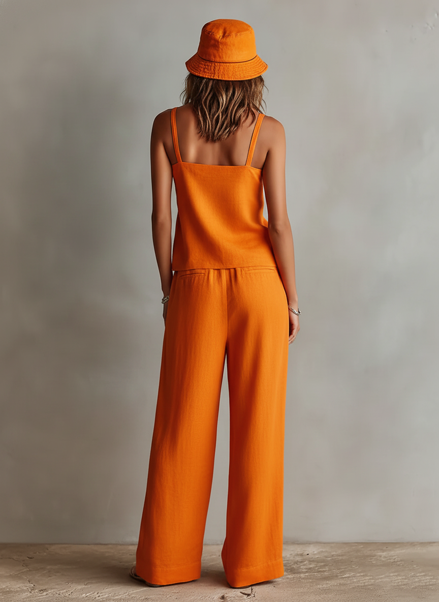 Women's Orange Linen Two-Piece Set With Square Neck Cami Top & Tie-Waist Wide-Leg Pants, Timeless Boho-Resort Style Set MDZ0825D5I oaklynwear