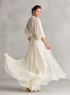 Isabelle | Women's Ivory Sheer Chiffon Dress With Puff Sleeves & Wrap Detail oaklynwear