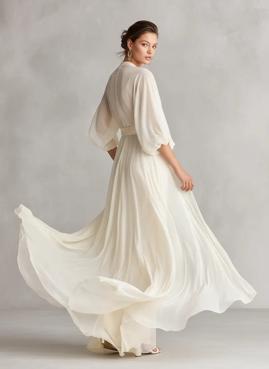 Isabelle | Women's Ivory Sheer Chiffon Dress With Puff Sleeves & Wrap Detail oaklynwear