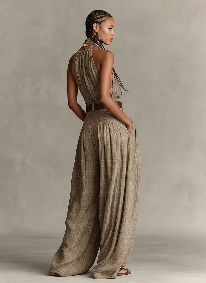 Autumn | Women's Taupe Cotton-Blend Jumpsuit With Halter Neck & Wide-Leg Silhouette oaklynwear