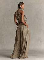Autumn | Women's Taupe Cotton-Blend Jumpsuit With Halter Neck & Wide-Leg Silhouette oaklynwear