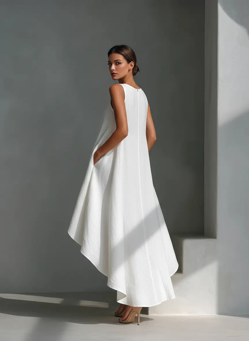 Vera | Women's White Linen Fabric Sleeveless Midi Dress With Round Neck & Asymmetric Hem oaklynwear