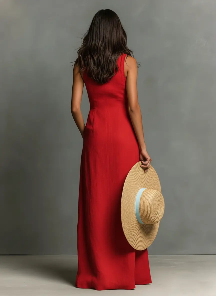 Claudette | Women's Minimalist Linen-Blend Collared Single-Breasted Sleeveless Maxi Shirt Dress oaklynwear