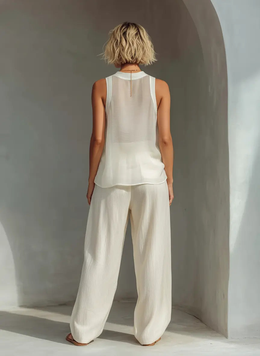 Chloe | Women's Cream Two-Piece Set With Semi-Sheer Chiffon Sleeveless Top oaklynwear