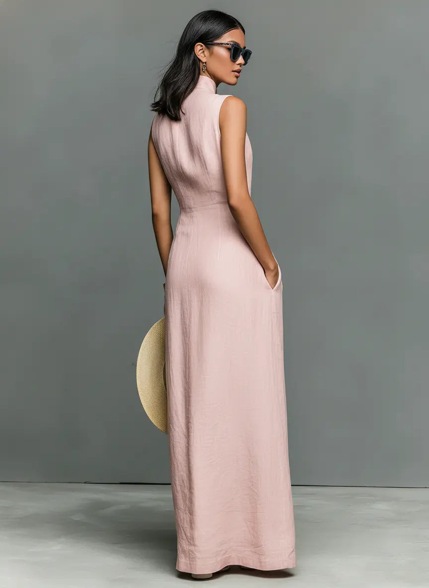 Ingrid | Women's Minimalist Linen-Blend Stand-Collar Single-Breasted Sleeveless Maxi Dress oaklynwear