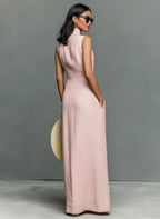 Ingrid | Women's Minimalist Linen-Blend Stand-Collar Single-Breasted Sleeveless Maxi Dress oaklynwear