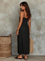 Stella | Women's Minimalist Pinstriped Frayed Edge Suspenders With Slit Hem Maxi Dress oaklynwear