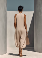 Women’s Beige Linen-Blend Sleeveless Gathered Round Neck Jumpsuit MDZ1113E2T oaklynwear