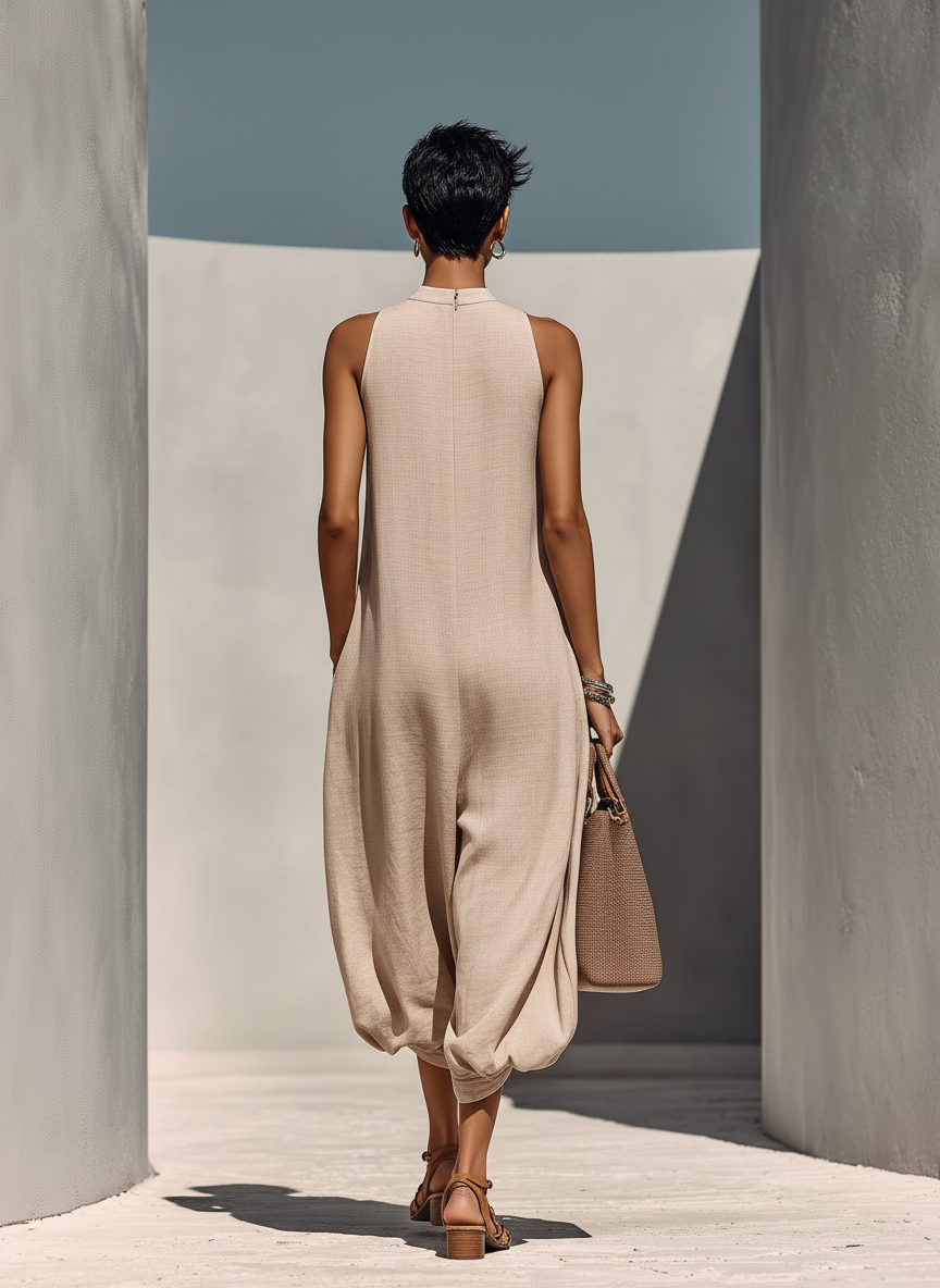 Women’s Beige Linen-Blend Sleeveless Gathered Round Neck Jumpsuit MDZ1113E2T oaklynwear