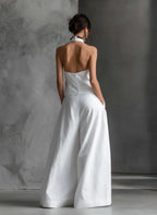 Daisy | Women's Casual White Cotton and Linen Halter-Neck Sleeveless Top and Skirt Set oaklynwear