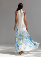 Women's Elegant White Printed Chiffon Halter-Neck Sleeveless Maxi Dress MDZ1415D5LXY oaklynwear