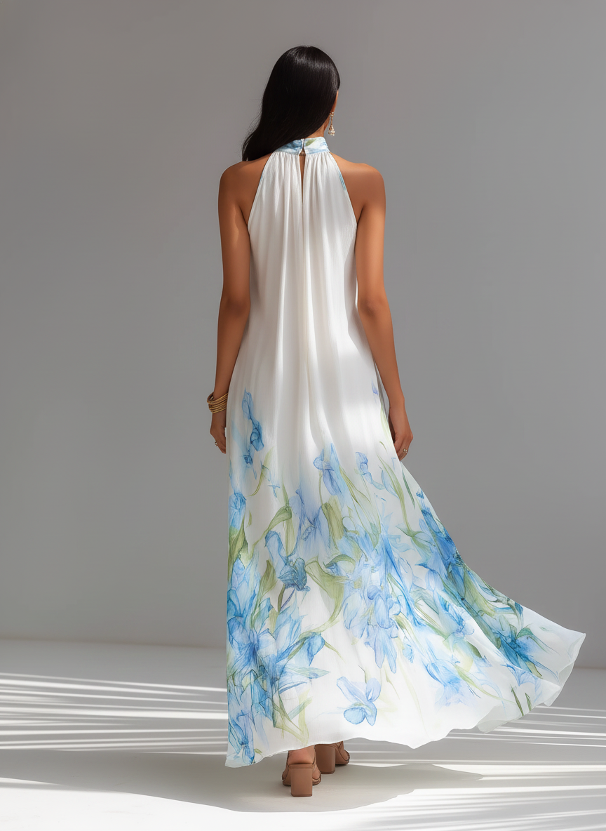 Women's Elegant White Printed Chiffon Halter-Neck Sleeveless Maxi Dress MDZ1415D5LXY oaklynwear