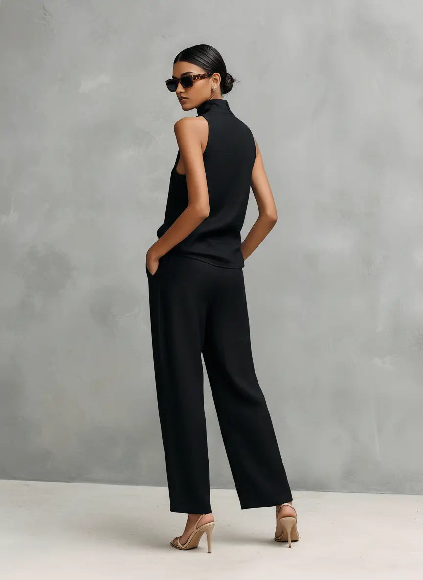 Monica | Women's Elegant Black Cotton and Linen Round-Neck Sleeveless Top and Trousers Set oaklynwear
