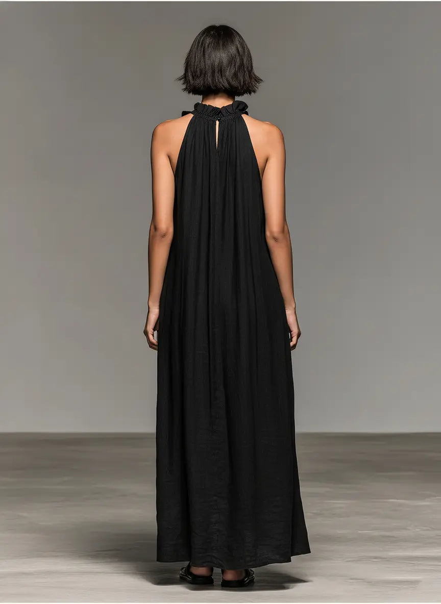 Elaine | Women's Minimalist Linen-Blend Sleeveless Maxi Dress With Ruffle Details oaklynwear