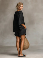 Penny | Women's Minimalist Linen Blend Lace Boat Neck Blouse And Shorts Set oaklynwear