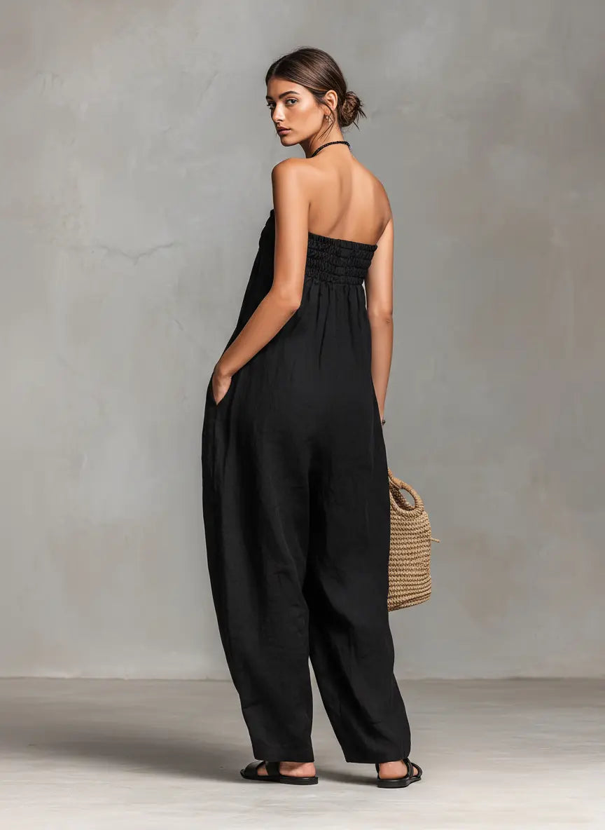 Greta | Women's Minimalist Loose-Fitting Linen Blend Strapless Jumpsuit With Tie Closure oaklynwear