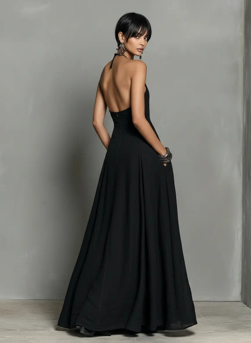 Paloma | Women's Minimalist Linen Blend Halter Neck Sleeveless Maxi Dress oaklynwear