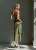 Stevie | Women's Olive Green Linen Fabric Sleeveless Midi Dress With Cargo Pockets & Belted Waist oaklynwear