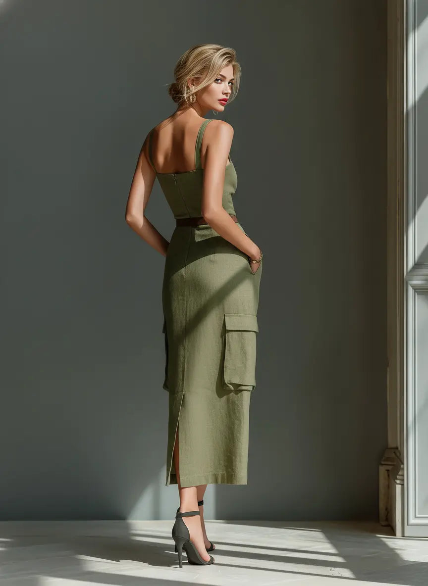Stevie | Women's Olive Green Linen Fabric Sleeveless Midi Dress With Cargo Pockets & Belted Waist oaklynwear