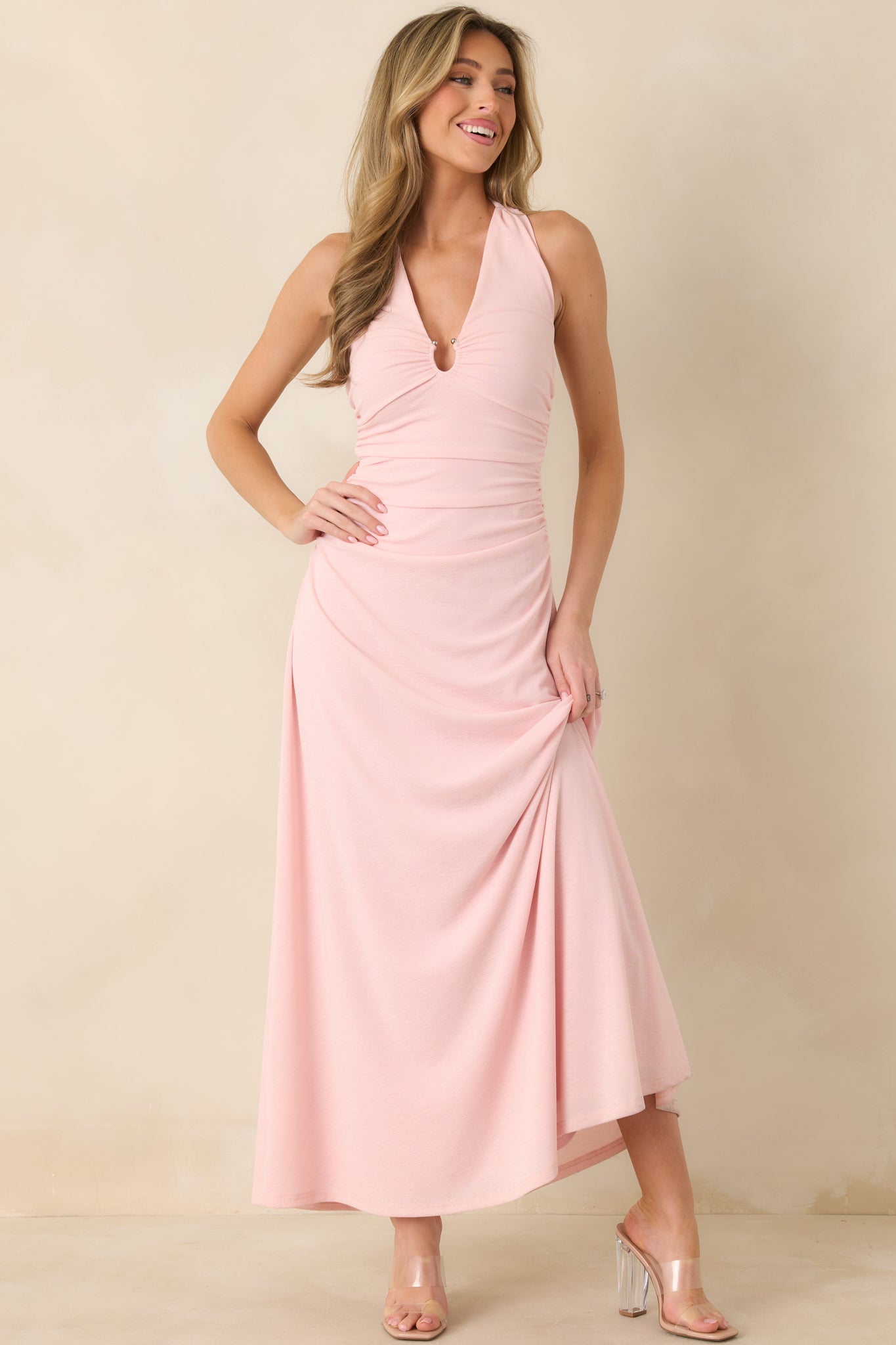 MINKPINK Amelia Soft Pink Halter Midi Dress oaklynwear