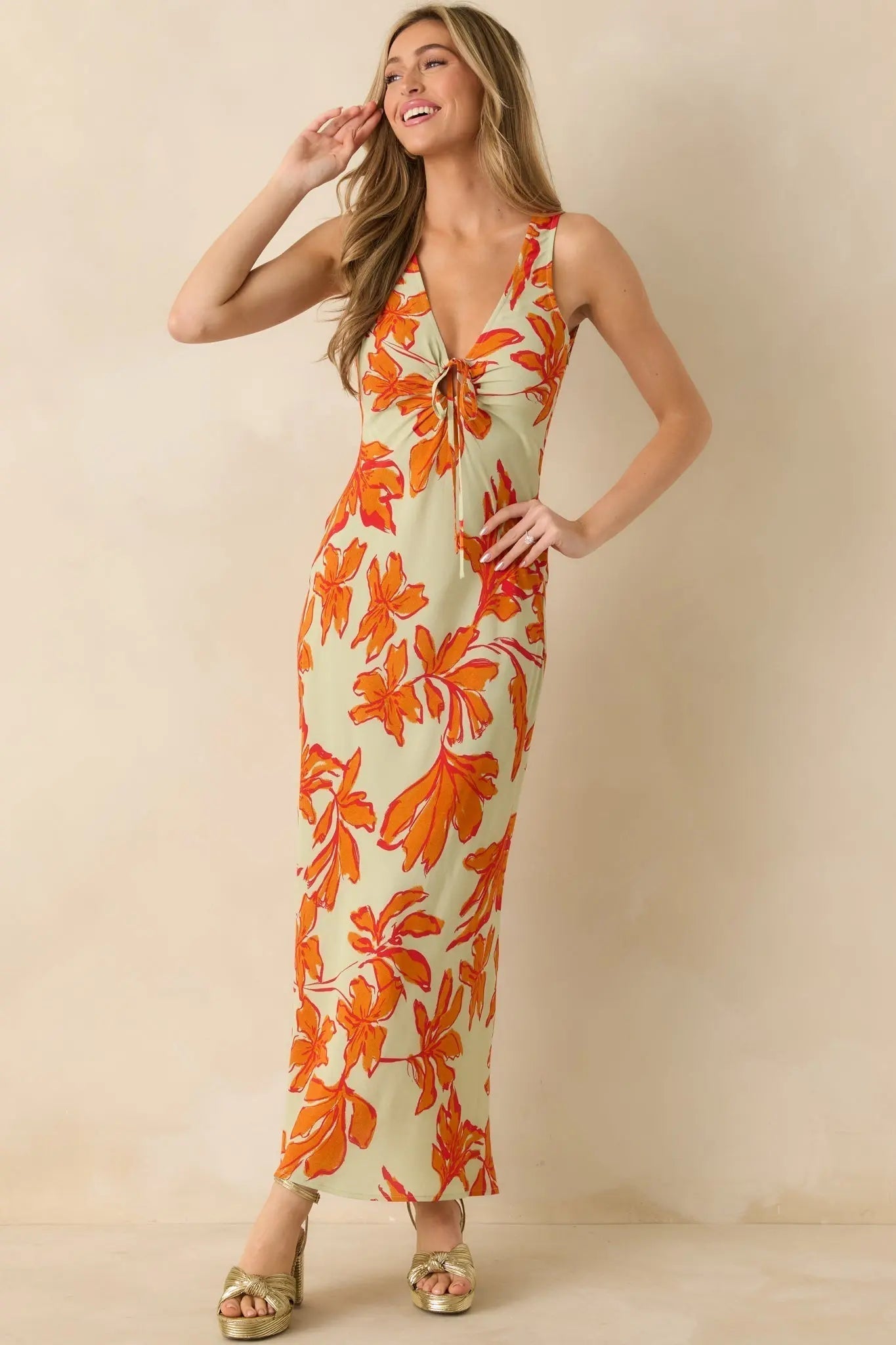 MINKPINK Estelle Green & Orange Floral Print Keyhole Maxi Dress oaklynwear