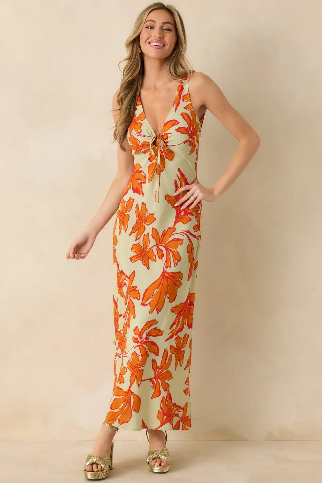 MINKPINK Estelle Green & Orange Floral Print Keyhole Maxi Dress oaklynwear