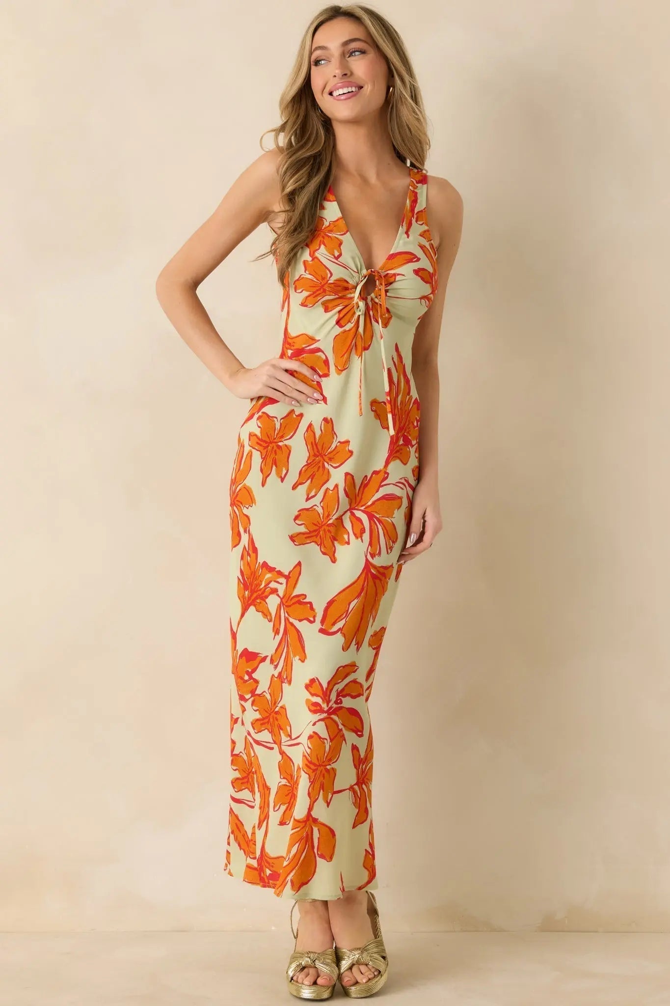 MINKPINK Estelle Green & Orange Floral Print Keyhole Maxi Dress oaklynwear