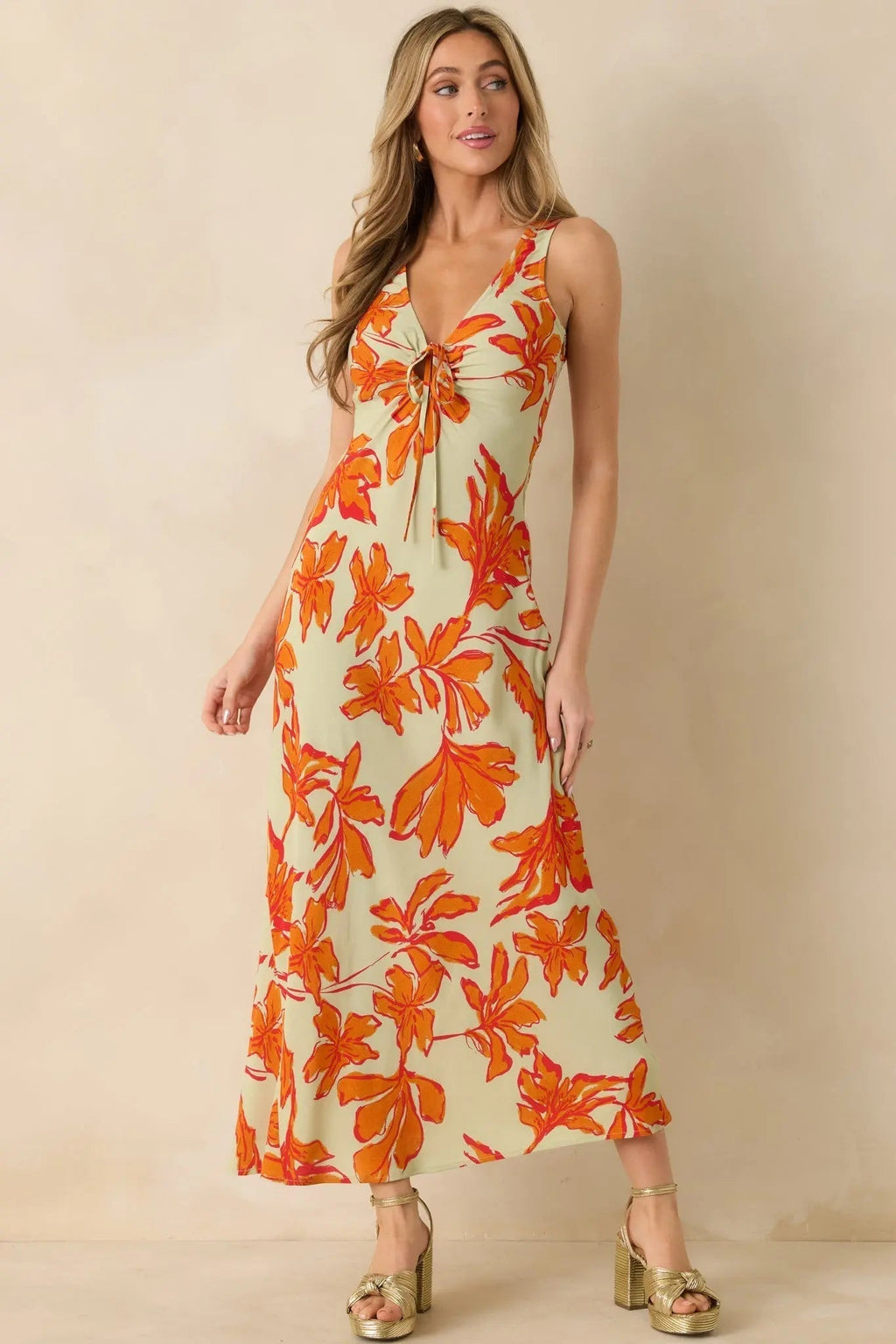 MINKPINK Estelle Green & Orange Floral Print Keyhole Maxi Dress oaklynwear