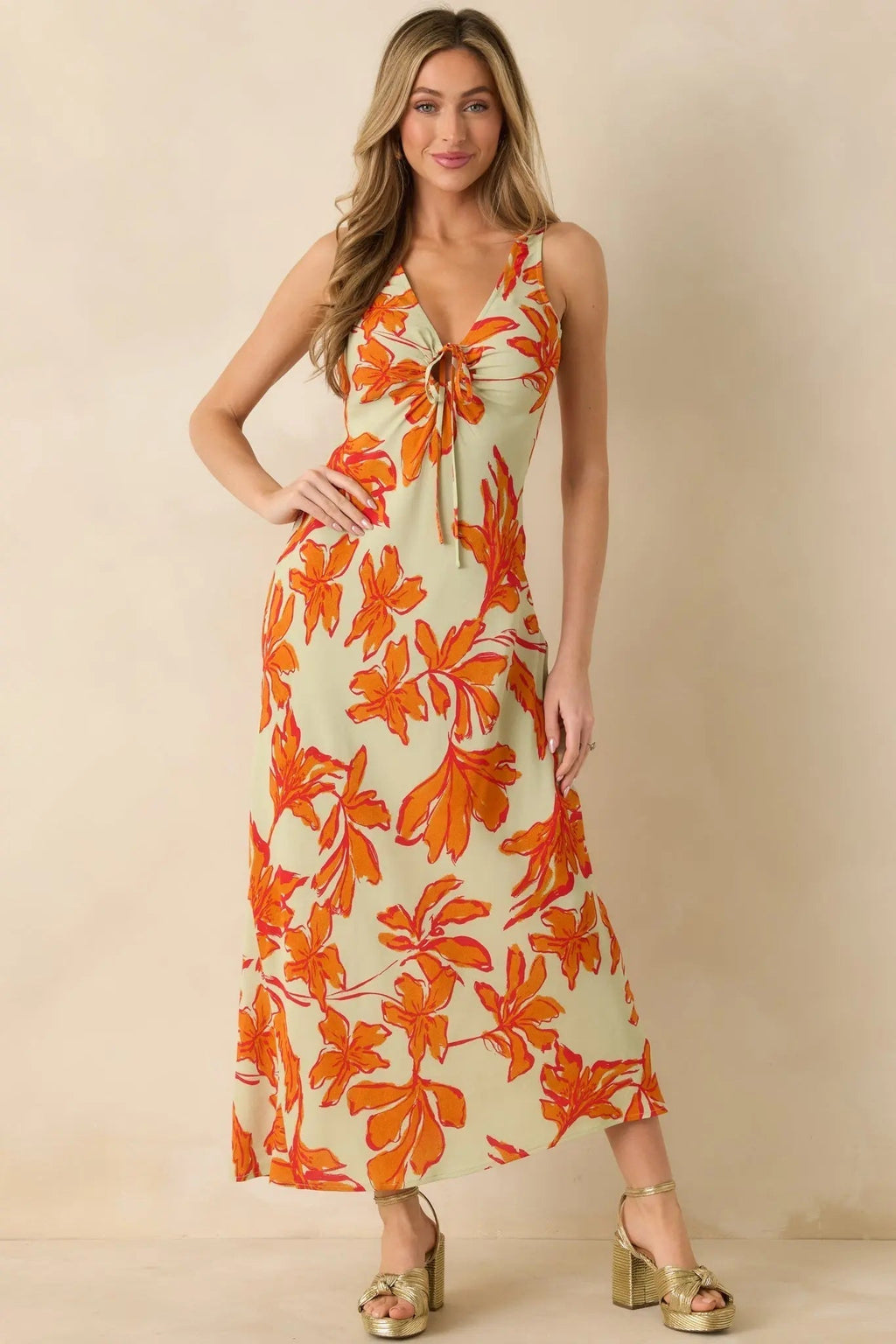MINKPINK Estelle Green & Orange Floral Print Keyhole Maxi Dress oaklynwear