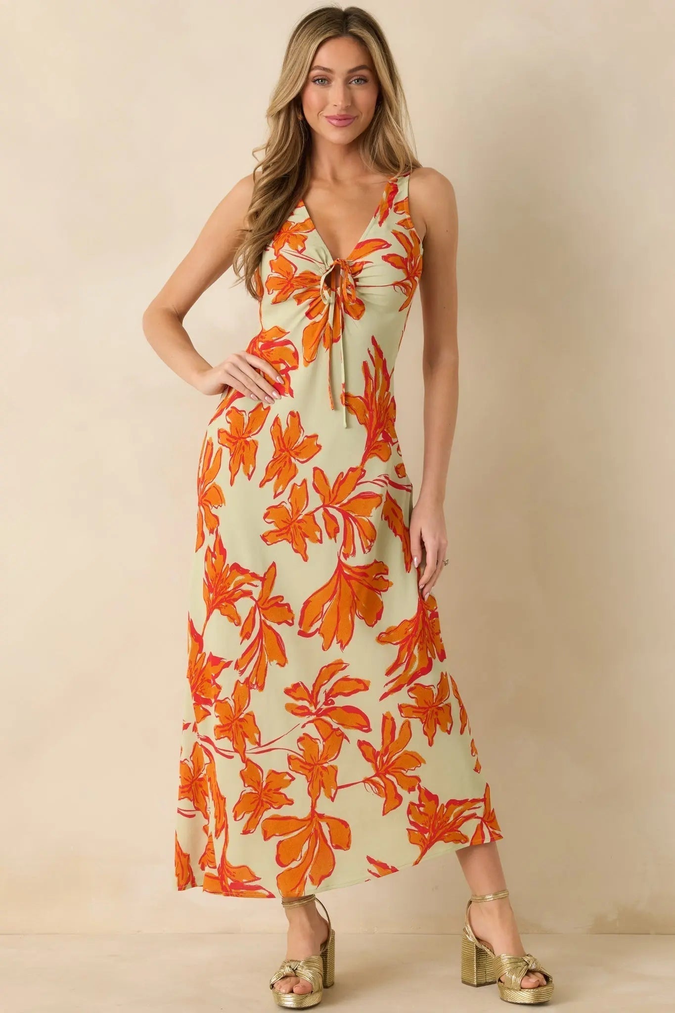 MINKPINK Estelle Green & Orange Floral Print Keyhole Maxi Dress oaklynwear