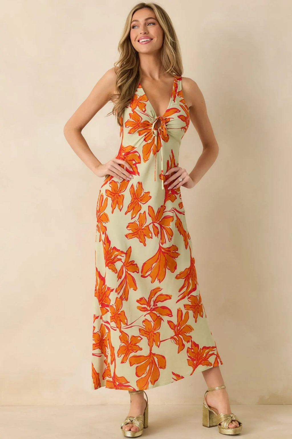 MINKPINK Estelle Green & Orange Floral Print Keyhole Maxi Dress oaklynwear