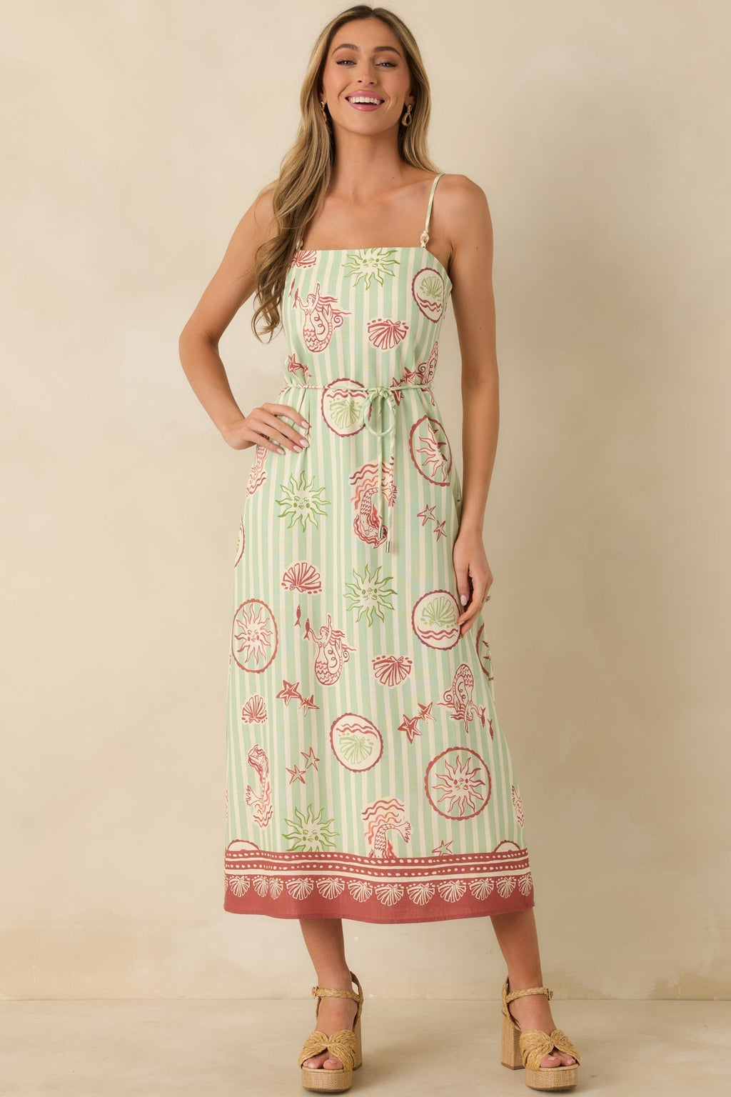 MINKPINK Soleil Green Stripe Linen Blend Tie-Waist Midi Dress oaklynwear