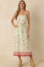 MINKPINK Soleil Green Stripe Linen Blend Tie-Waist Midi Dress oaklynwear