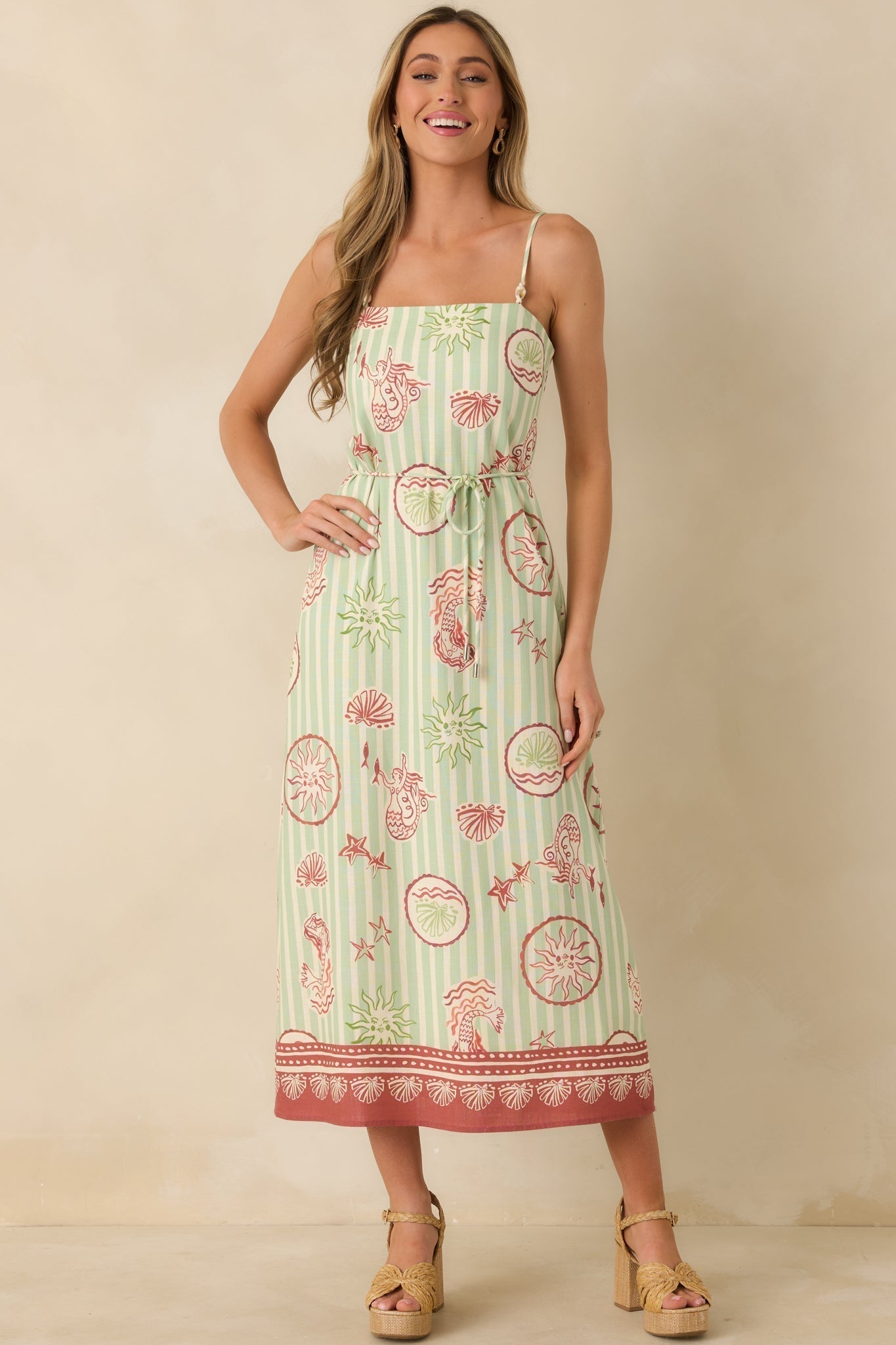 MINKPINK Soleil Green Stripe Linen Blend Tie-Waist Midi Dress oaklynwear
