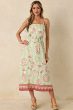 MINKPINK Soleil Green Stripe Linen Blend Tie-Waist Midi Dress oaklynwear