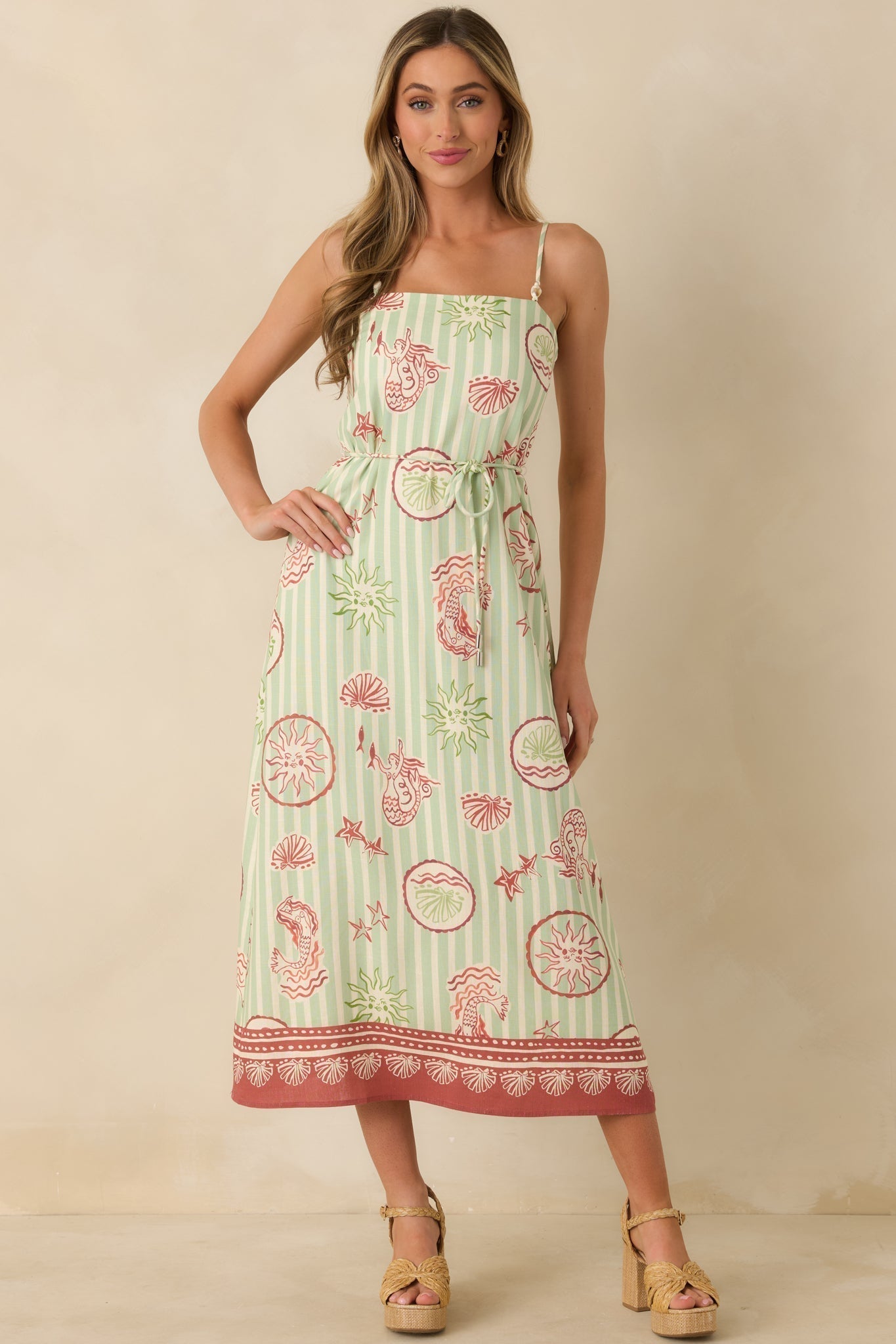 MINKPINK Soleil Green Stripe Linen Blend Tie-Waist Midi Dress oaklynwear