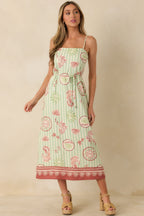 MINKPINK Soleil Green Stripe Linen Blend Tie-Waist Midi Dress oaklynwear