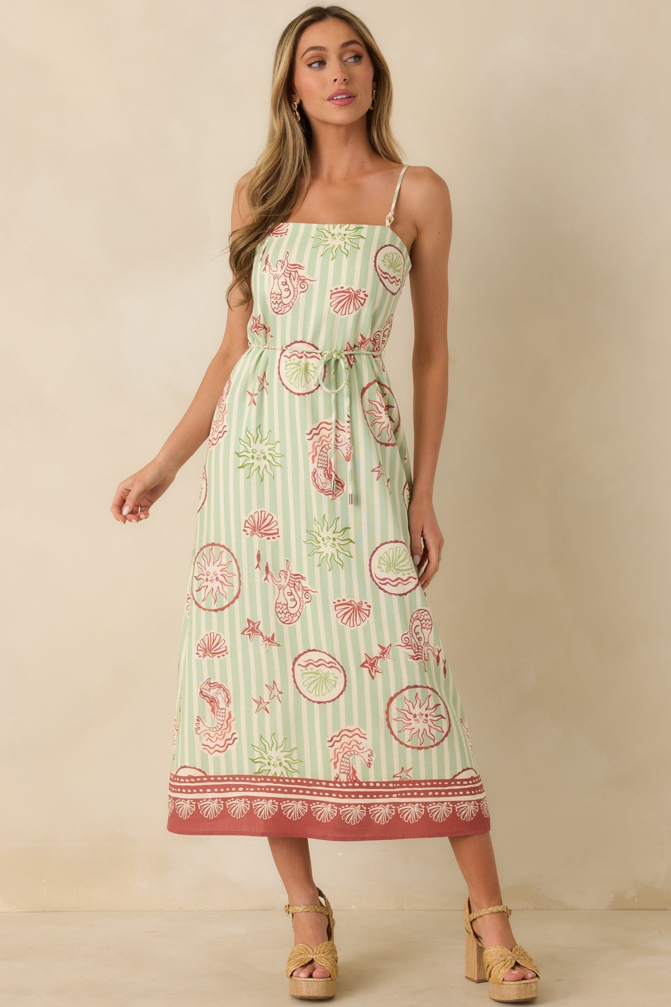 MINKPINK Soleil Green Stripe Linen Blend Tie-Waist Midi Dress oaklynwear